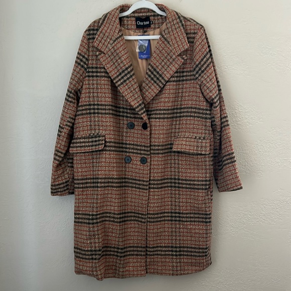 CHARTOU Women's Size XXL Lapel Collar Plaid Double Breasted Long Trench Coat - Picture 3 of 9